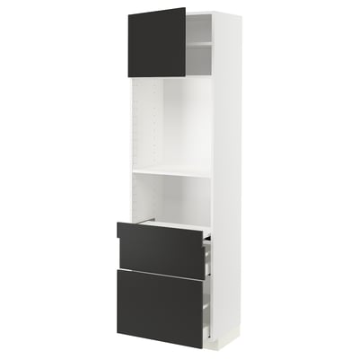 White ikea METOD kitchen unit with black drawers and doors, three sections: openable door, shelves.