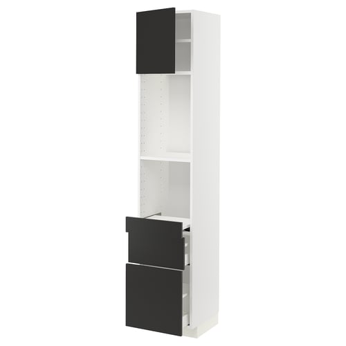 METOD kitchen cabinet in white with black doors, adjustable shelves, full-extension drawers.