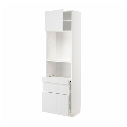 White METOD kitchen unit, tall with drawers and shelves, modern design.