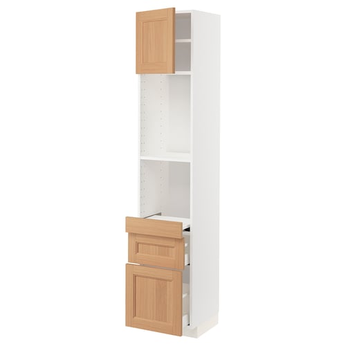 METOD white & oak kitchen cabinet. Pull-out shelves, adjustable shelves, full-extension drawers. Modern minimalist design with wooden accents.