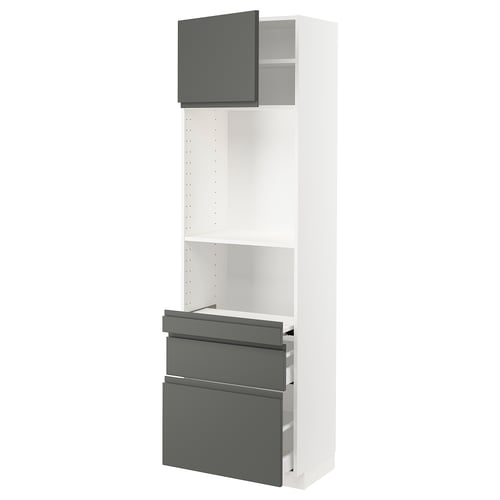 METOD kitchen unit with dark grey drawers and doors, two large, one small drawer, open shelf.