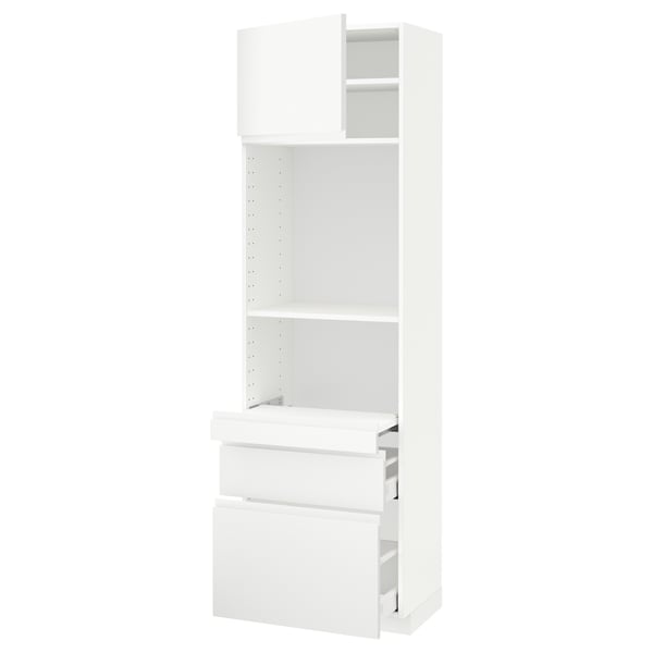 METOD / MAXIMERA Hi cb w pull-out shlf/2 drwrs/door, white/Voxtorp matt white, 60x41x200 cm