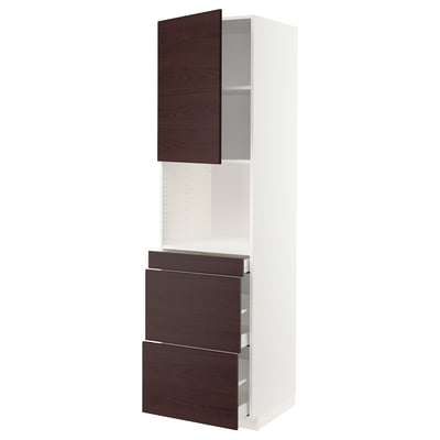 METOD / MAXIMERA High cab f micro w door/3 drawers, white Askersund/dark brown ash effect, 60x60x220 cm