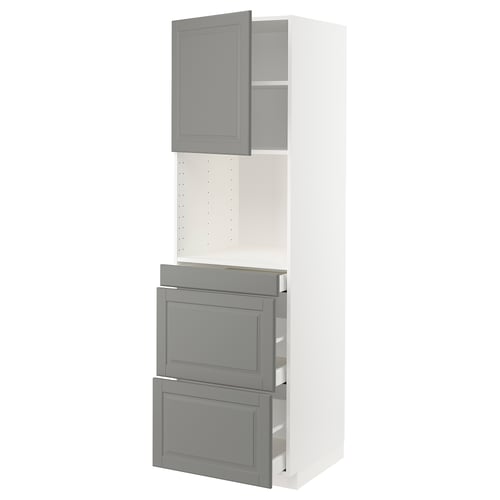 Modern grey kitchen cabinet with pull-out drawers and shelf, sleek design.