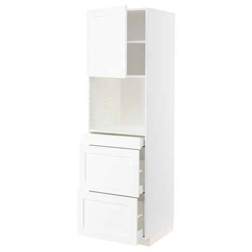 A white METOD kitchen cabinet with multiple drawers and shelves. The modern design includes two open shelves and three pull-out drawers for storage.