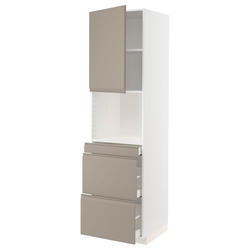 Modern kitchen unit: METOD, beige, rectangular. Tall cabinet with drawers and shelves. Aluminium handles, adjustable shelves, beeswax grey-beige.