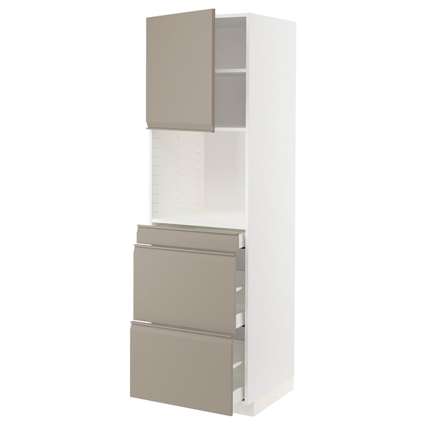 METOD / MAXIMERA High cab f micro w door/3 drawers, white/Upplöv matt dark beige, 60x60x200 cm