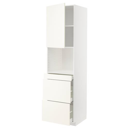 A white METOD kitchen cabinet with a modern design, featuring a tall unit with drawers and shelves.