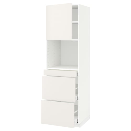 A white METOD kitchen cabinet with veddinge fronts, combining drawers and shelves, offering a clean and modern design.