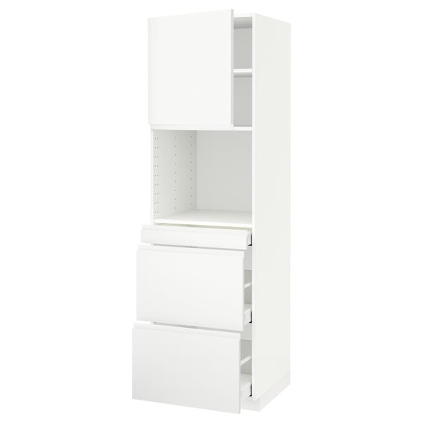 METOD / MAXIMERA High cab f micro w door/3 drawers, white/Voxtorp matt white, 60x60x200 cm