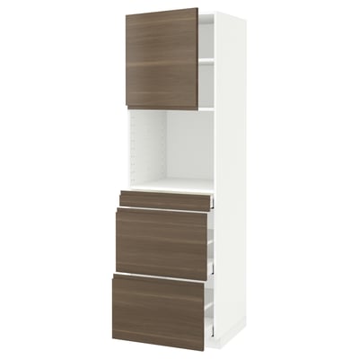 METOD / MAXIMERA High cab f micro w door/3 drawers, white/Voxtorp walnut effect, 60x60x200 cm