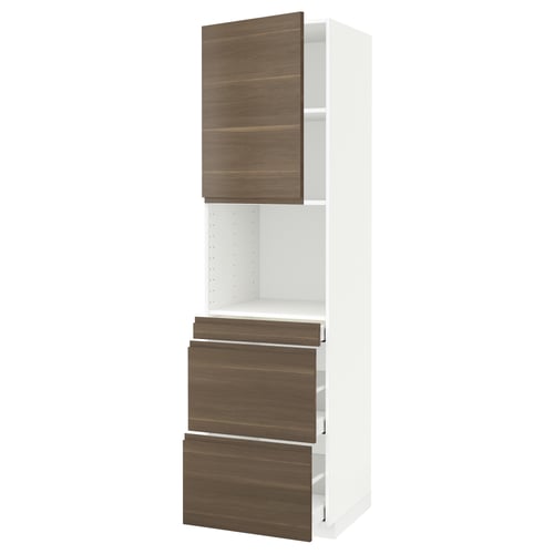 A tall white and dark walnut effect kitchen cabinet with drawers. It a sleek design with integrated handles on the drawers and doors.