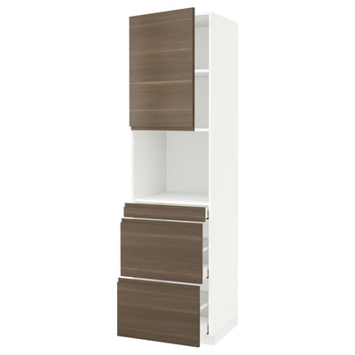 METOD / MAXIMERA High cab f micro w door/3 drawers, white/Voxtorp walnut effect, 60x60x220 cm