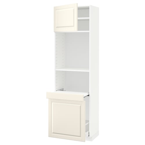An off-white METOD kitchen cabinet with a traditional design, complete with an openable door, shelf, and a 25-year guarantee.
