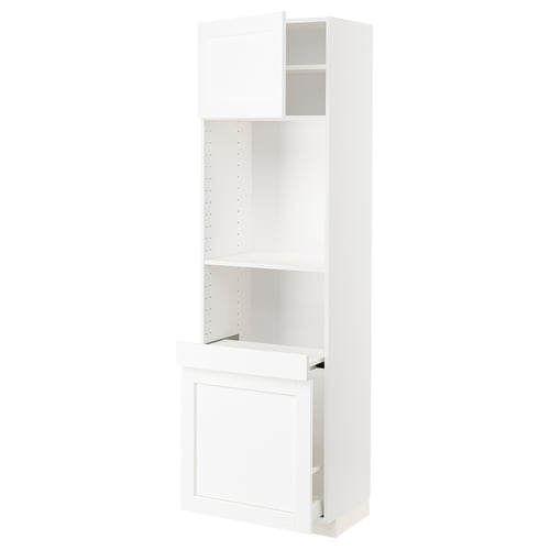 Displays a white METOD kitchen cabinet with a modern design, featuring a large door and open shelves at the top.