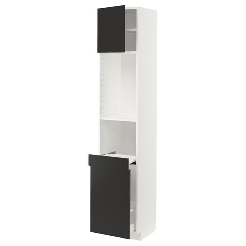 METOD kitchen unit: white, black doors, tall, 2 shelves, adjustable.