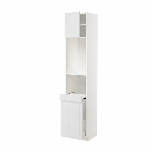 White METOD kitchen unit with shelves and drawers.