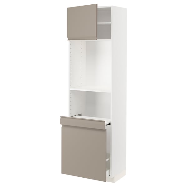 METOD / MAXIMERA High cab w pull-out storage/1 door, white/Upplöv matt dark beige, 60x41x200 cm