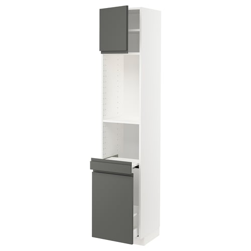 Modern kitchen cabinet in white and dark grey. Shelves and sliding doors, sleek minimalist design.