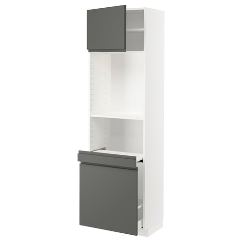 Modern METOD kitchen unit with dark grey voxtorp fronts, white frame, adjustable shelves, and drawer.