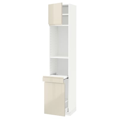 METOD / MAXIMERA High cab w pull-out storage/1 door, white/Voxtorp high-gloss light beige, 40x41x200 cm