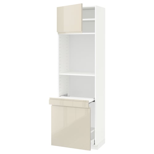 A white and beige METOD kitchen cabinet with high gloss doors, featuring a sleek, modern design.