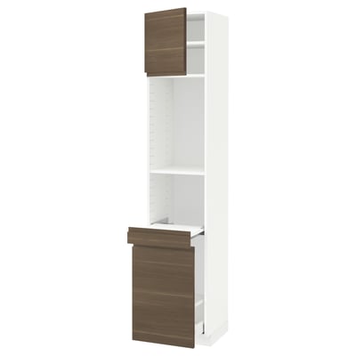 METOD / MAXIMERA High cab w pull-out storage/1 door, white/Voxtorp walnut effect, 40x41x200 cm