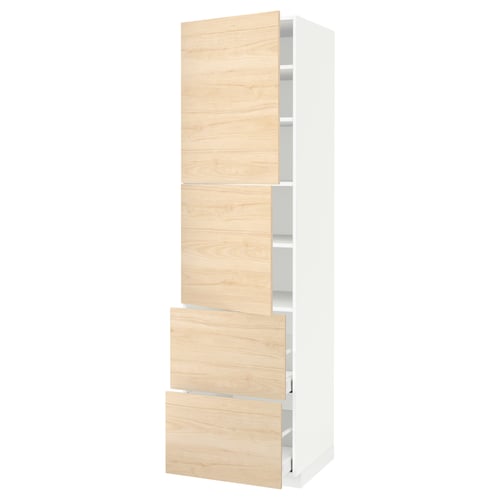 METOD white kitchen unit with light wooden drawers and shelves. Tall and slim, modern design.