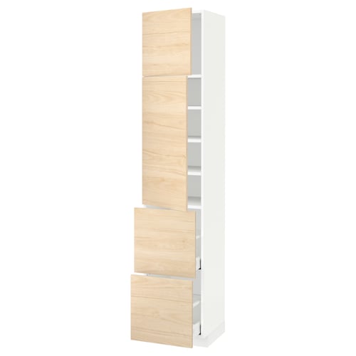 White kitchen unit with light wood panels, two upper cabinets, one lower drawer, quality storage.
