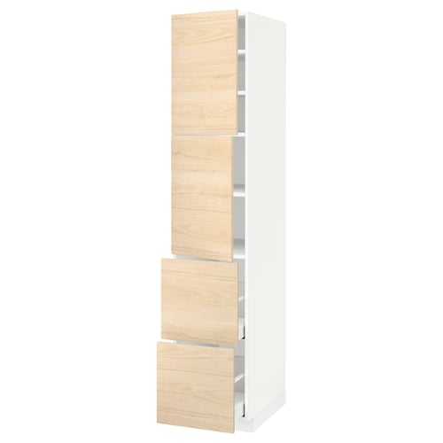 This image shows a white and light wooden kitchen cabinet with multiple drawers and shelves. It combines modern design with a natural touch.