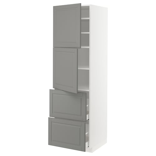 Ikea METOD grey cabinet with open door, drawers, and shelves.