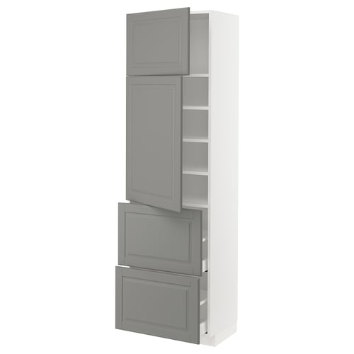 METOD kitchen unit in grey with shelves and drawers.