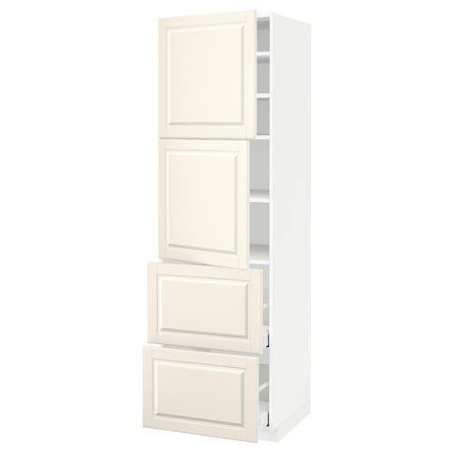 Tall white cabinet, METOD model, off-white colour with bevelled edges, featuring pull-out drawers and shelves.