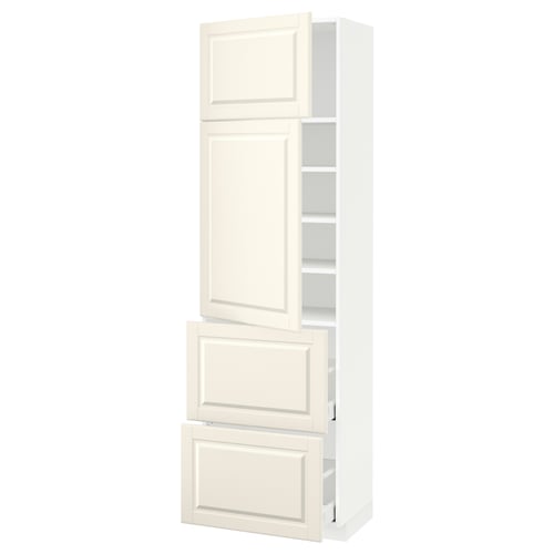 A white METOD kitchen cabinet with off-white bevelled bodbyn doors and multiple shelves.