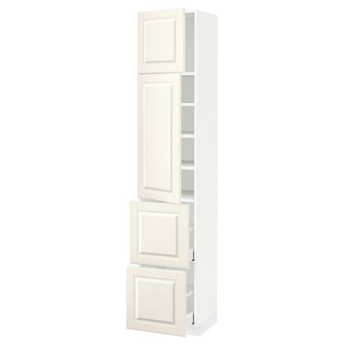An off-white METOD kitchen cabinet with a traditional design and bevelled edges, featuring adjustable shelves and a drawer.