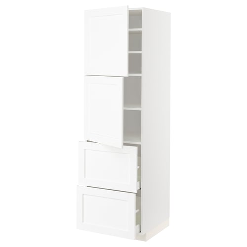 White kitchen cabinet with drawers and shelves, tall, modern design.