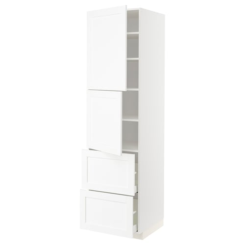 METOD white kitchen unit: tall, sleek, modern design, white foil finish, multiple adjustable shelves, integrated drawers.