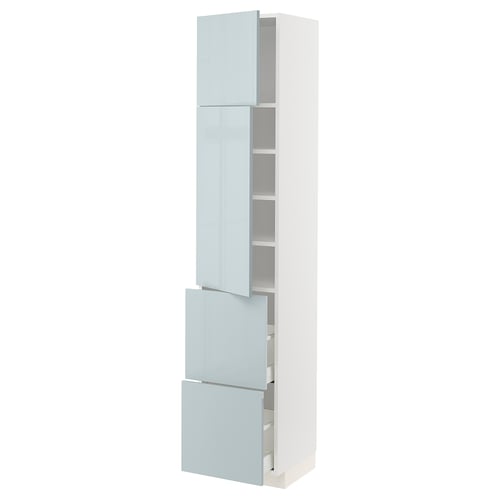 METOD high cabinet in high-gloss grey-blue with drawers and shelves.