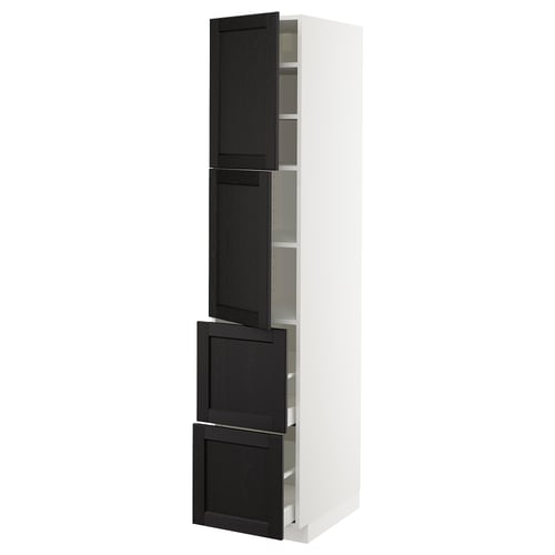 White METOD kitchen cabinet with dark wood doors, multiple shelves and drawers.