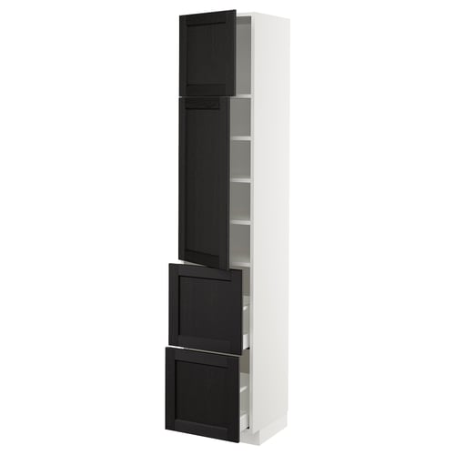 White ikea METOD kitchen cabinet with dark stained doors, rectangular, multiple shelves.