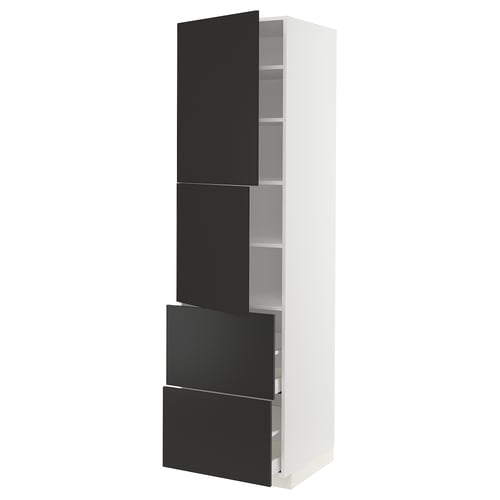 White METOD kitchen cabinet with three black drawers and two doors.