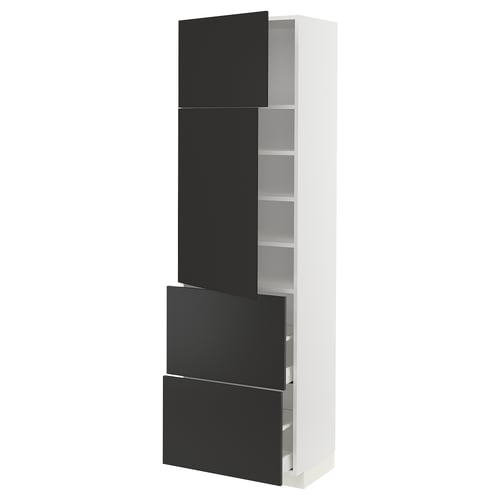 Modern black-and-white cabinet with shelves and drawers.