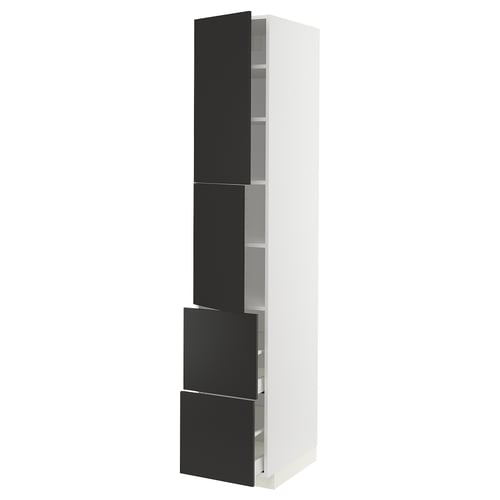 METOD tall white cabinet with three black drawers and adjustable shelves.
