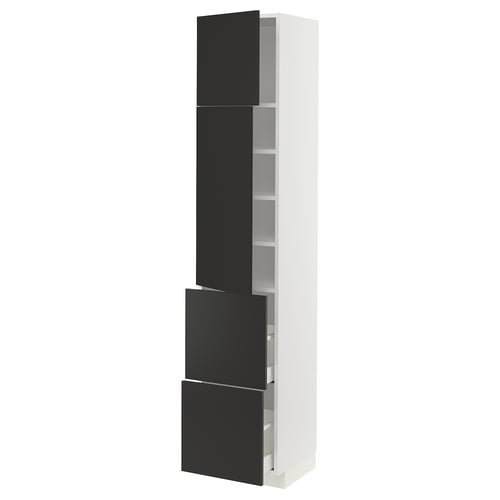 METOD kitchen unit with black doors, tall, modern design, adjustable shelves, minimalist.