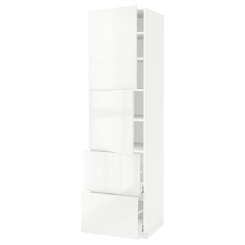 METOD high gloss white kitchen cabinet with drawers and shelves.