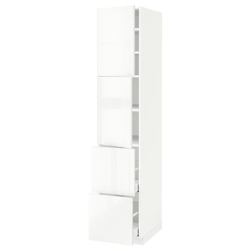 White, tall METOD kitchen cabinet with glossy doors and adjustable shelves.