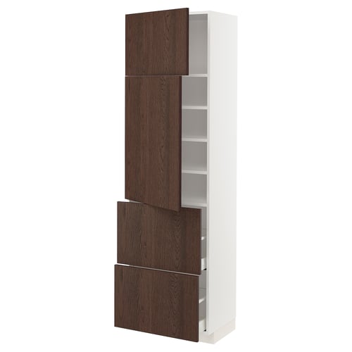 White ikea METOD kitchen cabinet with dark wood doors and adjustable shelves.