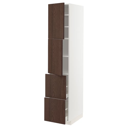 A white ikea METOD kitchen cabinet with dark brown wooden doors. It multiple shelves and drawers with a sleek, modern design.