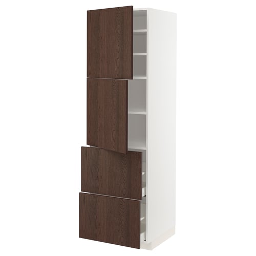 Modern kitchen cabinet, white with dark brown wood doors, sleek design, multiple storage options.