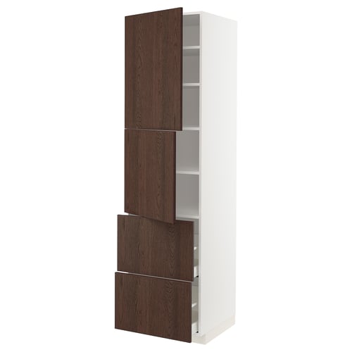 A tall white kitchen cabinet with dark brown wooden drawers and doors. It has an elegant design, featuring a mix of shelves and drawers for storage.
